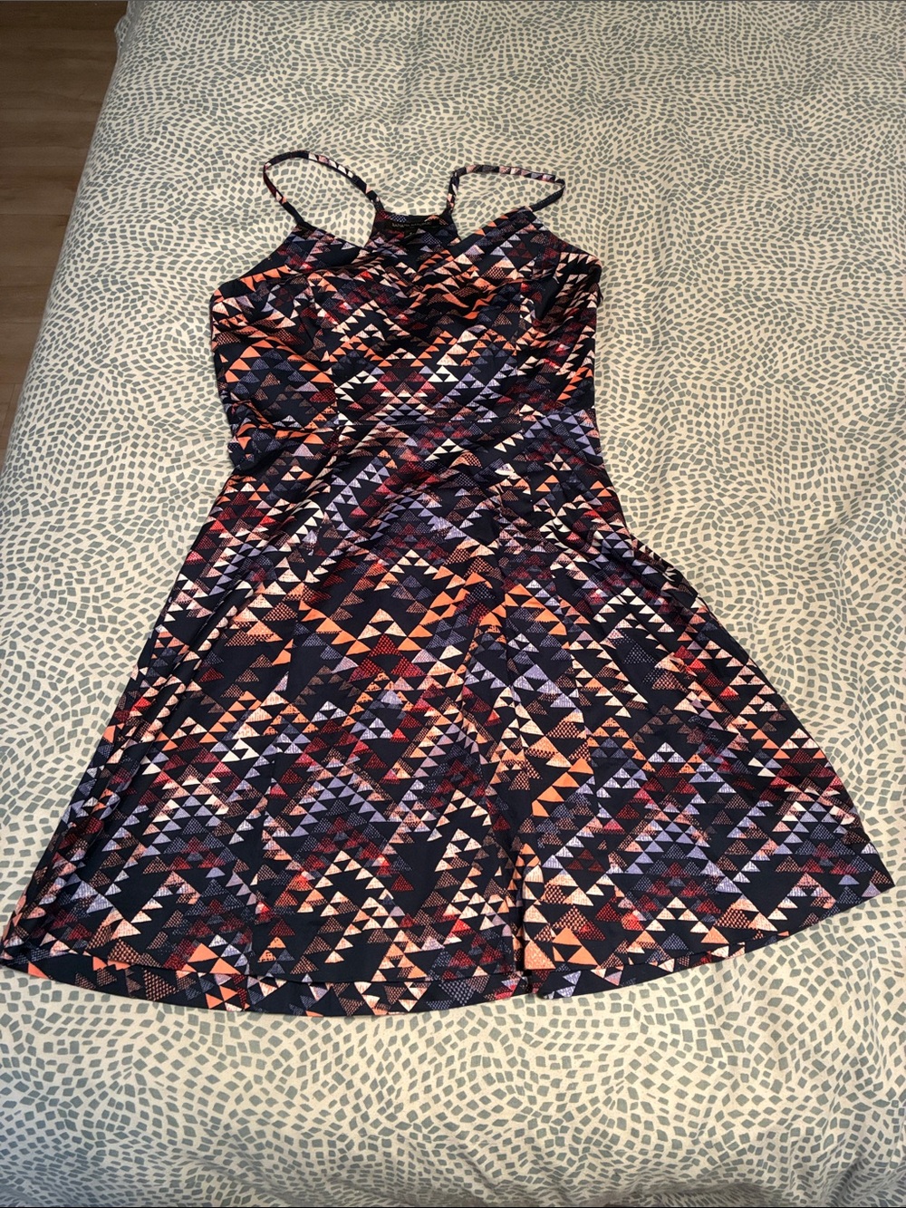 Banana Republic Navy Dress with Coral and Purple Geometric Print